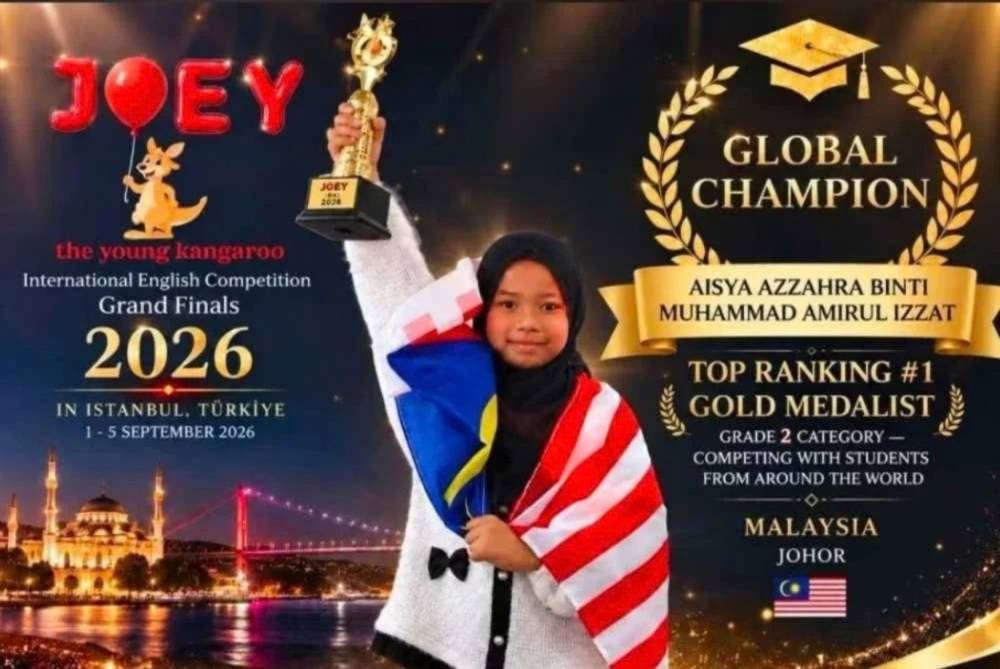 Aisya Azzahra memenangi Gold Medalist bagi kategori 'Grade 2' pada International Joey of English Competition Global Finals 2026.