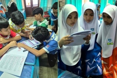 Pelajar berbincang dan melengkapkan aktiviti modul di salah satu daripada lima stesen pembelajaran yang memberi tumpuan kepada komunikasi, kepimpinan dan literasi digital. 