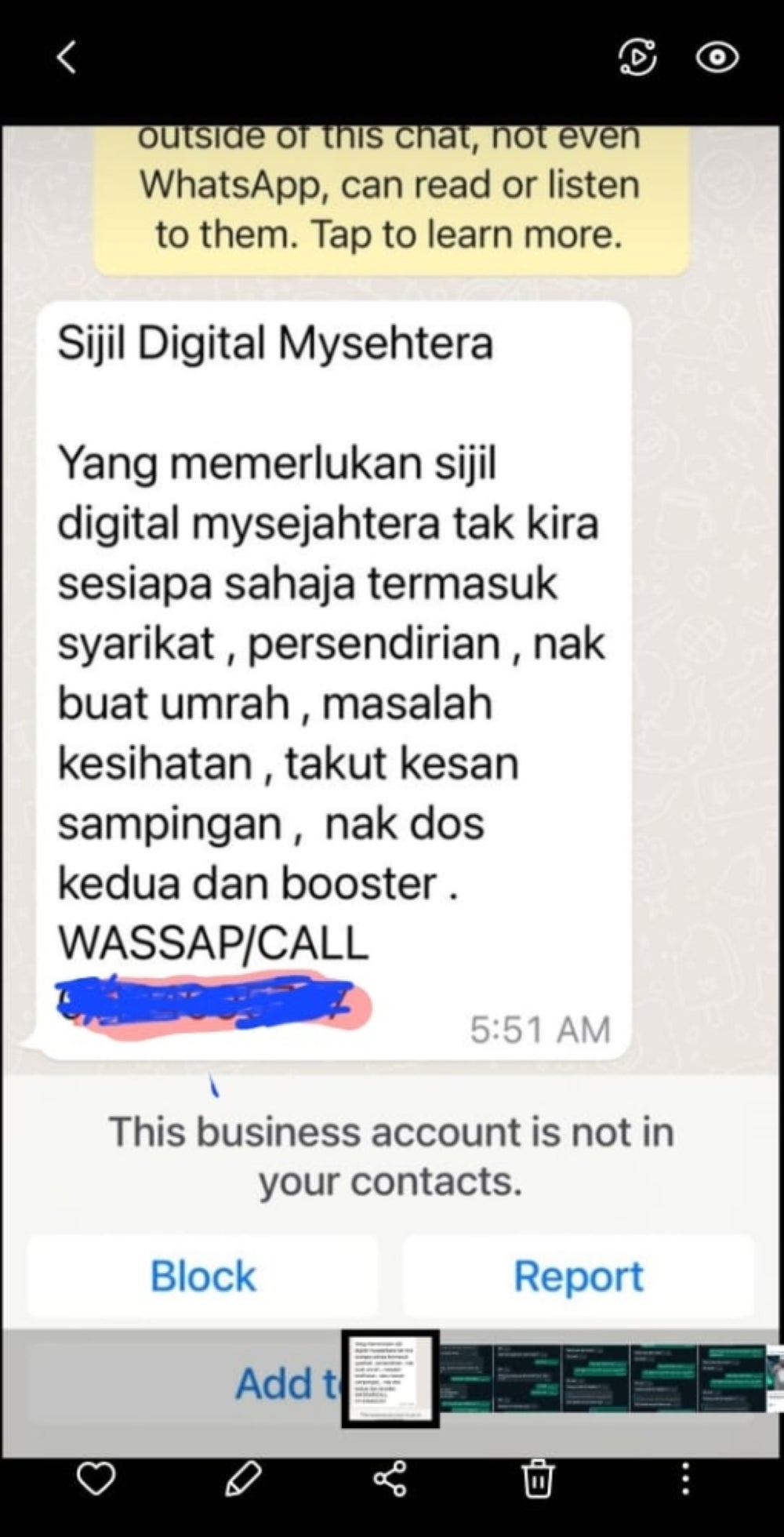 The ads of the digital vaccine certificate through WhatsApp that is sighted by Sinar Harian