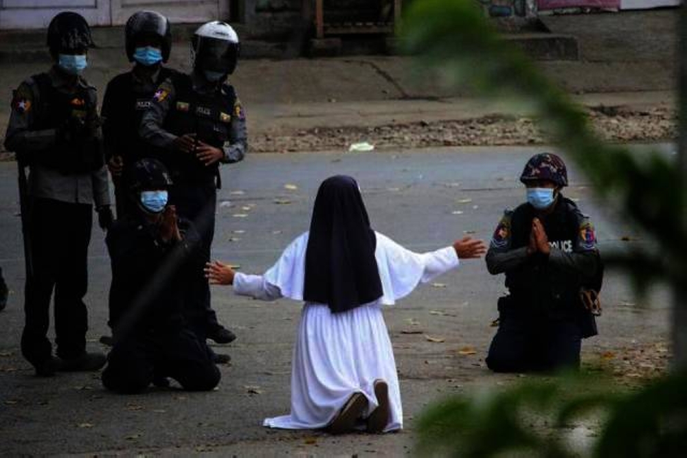 The image of Sister Ann Rose Nu Tawng begging police not to shoot 'the children' went viral in March as an uprising swelled in Myanmar. - AFP
