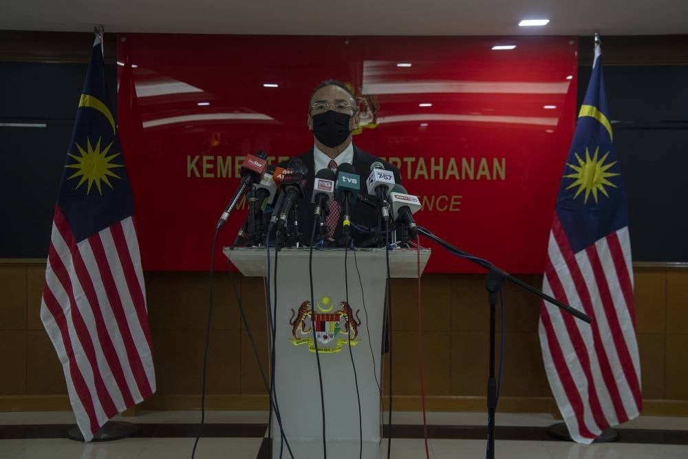 Senior Defence Minister Datuk Seri Hishammuddin Hussein during a special press conference on the Covid-19 Quartet Ministers Meeting on Tuesday.- BERNAMA