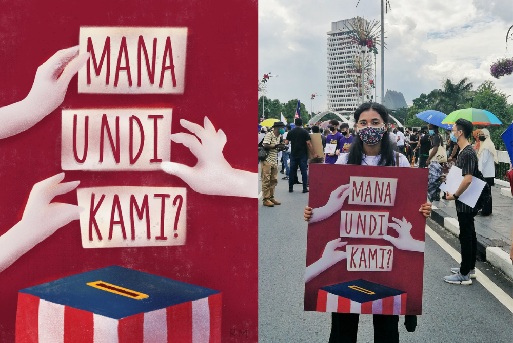 Roshinee during the #Undi18 #ManaUndiKami protest at Parliament on March 27, 2021 with the poster she designed. (Source: Twitter @Roshinee_M)