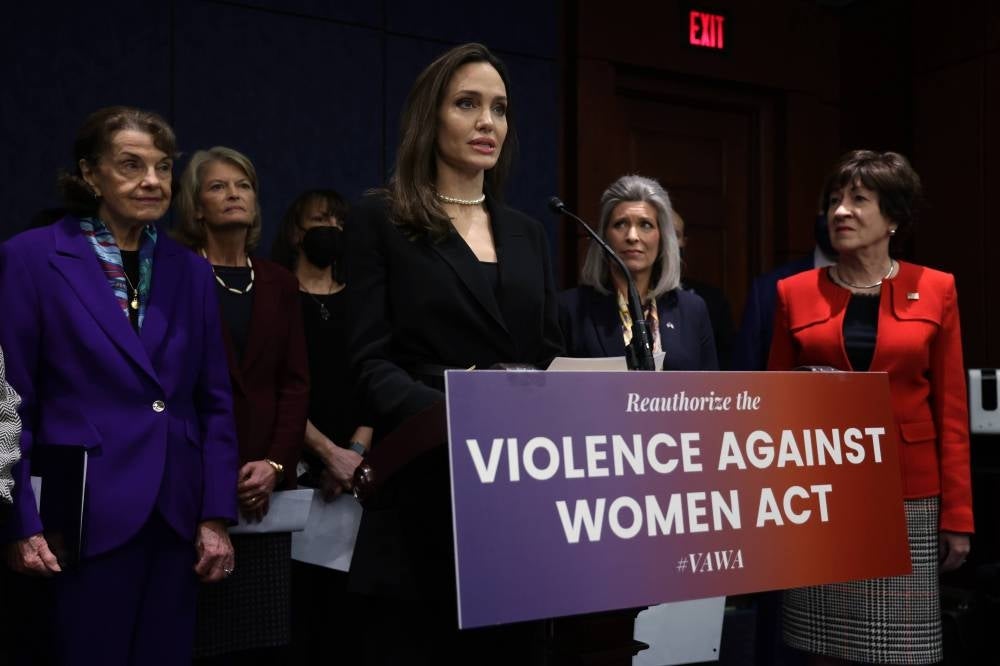 Actress Angelina Jolie speaks during a news conference at the US Capitol on Feb 9, 2022 in Washington. She called on Congress to make reauthorisation of the Violence Against Women Act (VAWA) a priority. - AFP