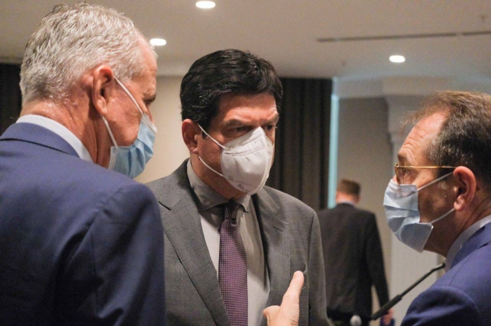 From left: Dr Peter Blomeyer (German Ambassador), Michalis Rokas (EU Ambassador) and Roland Galharague (French Ambassador) in discussion over Russian invasion in Ukraine