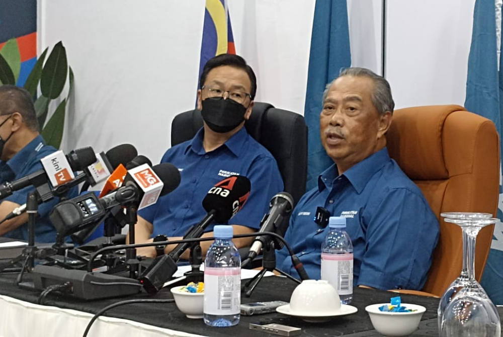 Tan Sri Muhyiddin Yassin during the press conference at PN's command centre in Senai, tonight.
