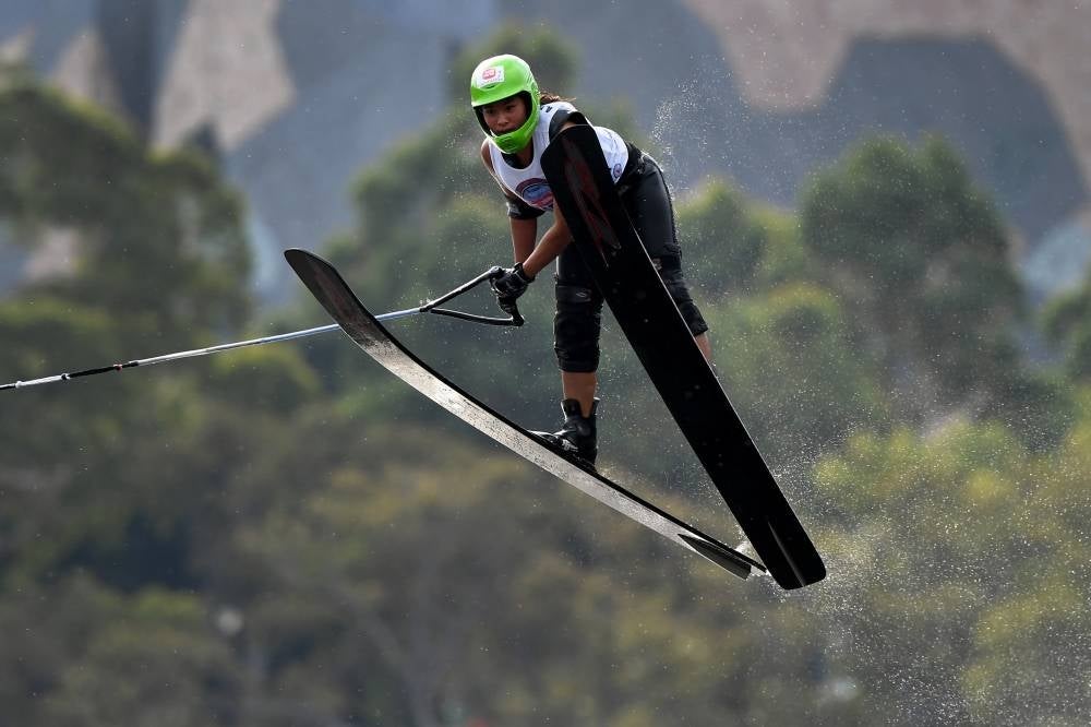 Aaliyah Yoong competes in the Moomba Masters women's water ski jump event on the Yarra River in Melbourne on March 14, 2022. - AFP