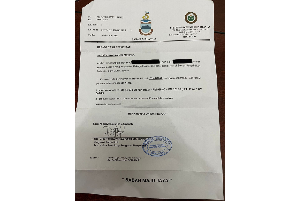 A photo of a letter showing the salary received by a worker of an agency in Tawau.