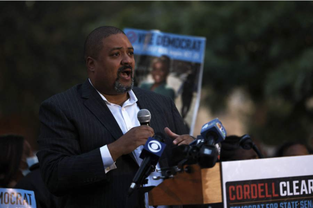 Then district attorney candidate Alvin Bragg speaks during a Get Out the Vote rally at A.Philip Randolph Square in Harlem, New York City, on Nov 1, 2021. - AFP