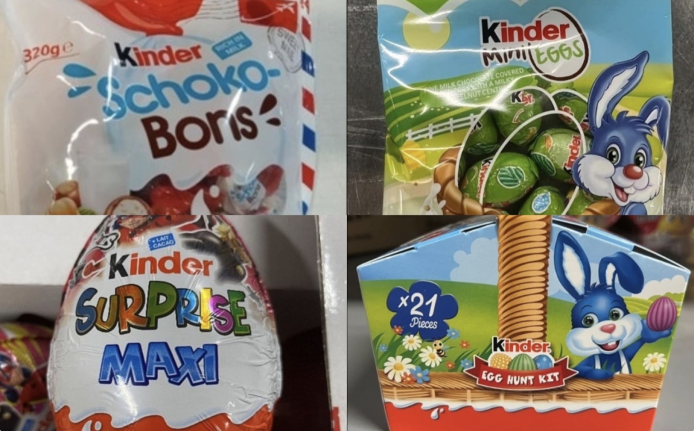 The four affected products are Kinder Schokobons (top left), Kinder Surprise Maxi (bottom left), Kinder Mini Eggs (top right) and Kinder Egg Hunt Kit (bottom right). - Photo courtesy of Singapore Food Agency
