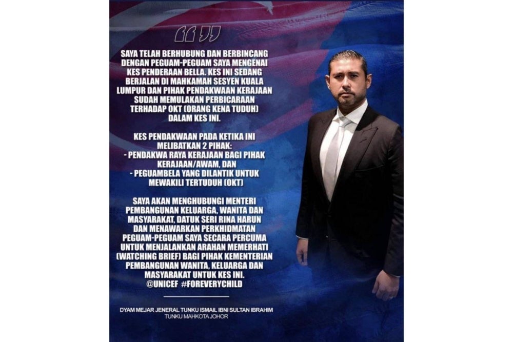 Tunku Mahkota of Johor Tunku Ismail Sultan Ibrahim said he would be offering his lawyers' services to hold a watching brief on behalf of the Women, Family and Community Development Ministry for Bella. - Photo source: Tunku Ismail Sultan Ibrahim's Instagram
