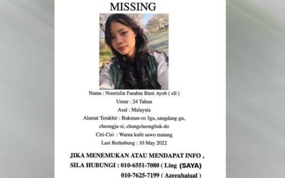 Noorizlin was reported missing in South Korea on Wednesday.