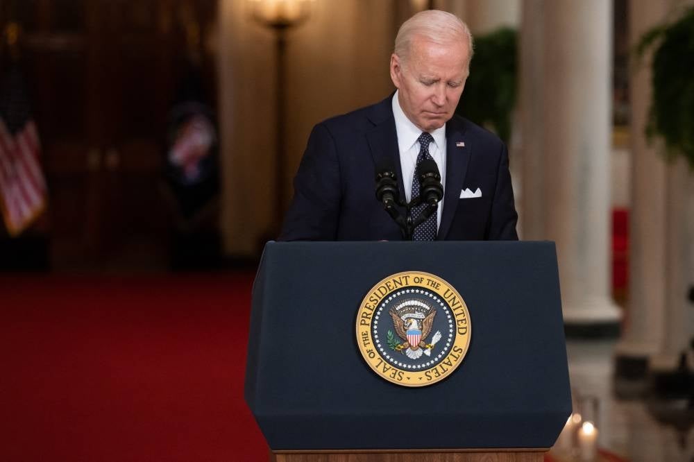 US President Joe Biden speaks about the recent mass shootings and urges Congress to pass laws to combat gun violence at the Cross Hall of the White House in Washington DC on June 2, 2022. - AFP