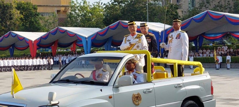 Yang di-Pertuan Agong Al-Sultan Abdullah Ri’ayatuddin Al-Mustafa Billah Shah inspects the guard of honour during Trooping the Colour ceremony at Dataran Pahlawan Negara in Putrajaya.