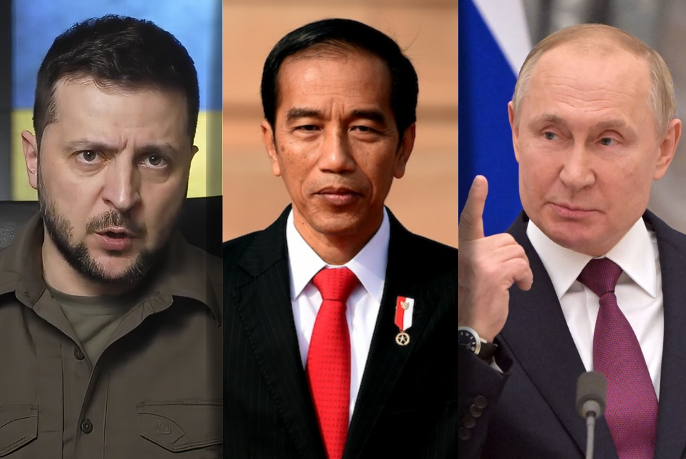 Indonesian President Joko Widodo (centre) wants to invite Russian President Vladimir Putin (right) and Ukrainian President Volodymyr Zelenskyy (left) for a peace dialogue. (Source: AFP)