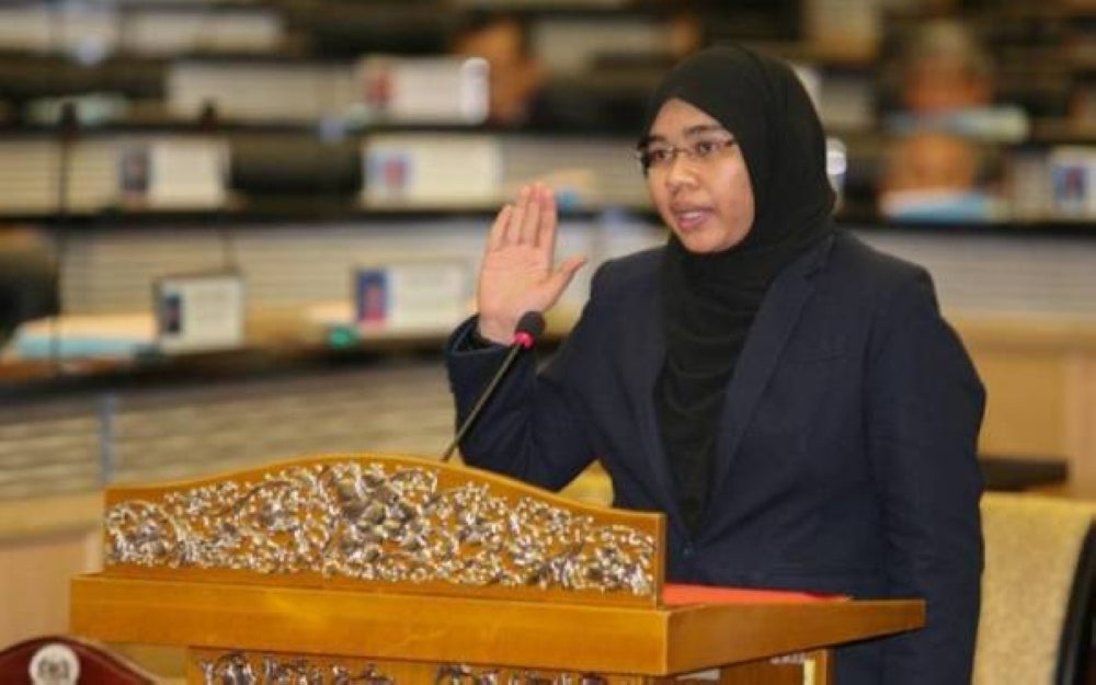 Aishah during her swearing in as member of the senator representing Penang recently. FILE PIX.