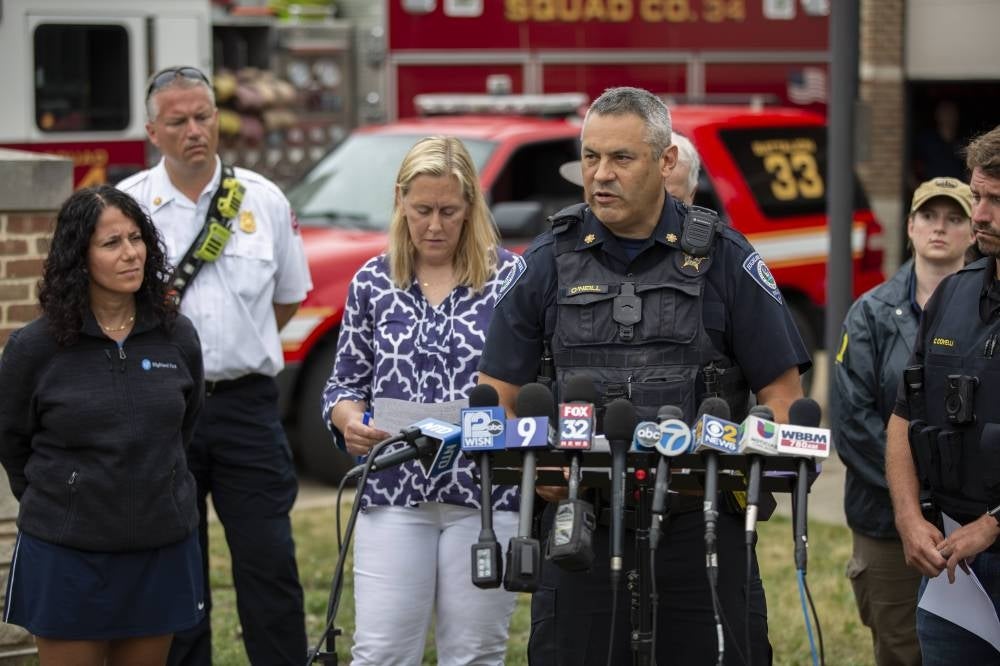 HIGHLAND PARK, IL - JULY 04: Cmdr. Chris O'Neill of the Highland Park Police speaks to the media after a mass shooting at a Fourth of July parade on July 4, 2022 in Highland Park, Illinois. (Photo by Jim Vondruska/AFP)