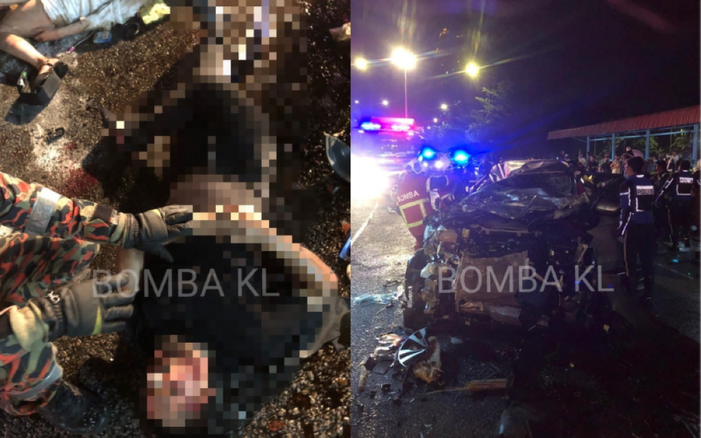 A man was killed while four others were severely injured in an accident involving a Proton X70, a Porsche and a Honda Ex5 motorcycle near Taman Tenaga, here. Photo: FIRE AND RESCUE DEPARTMENT