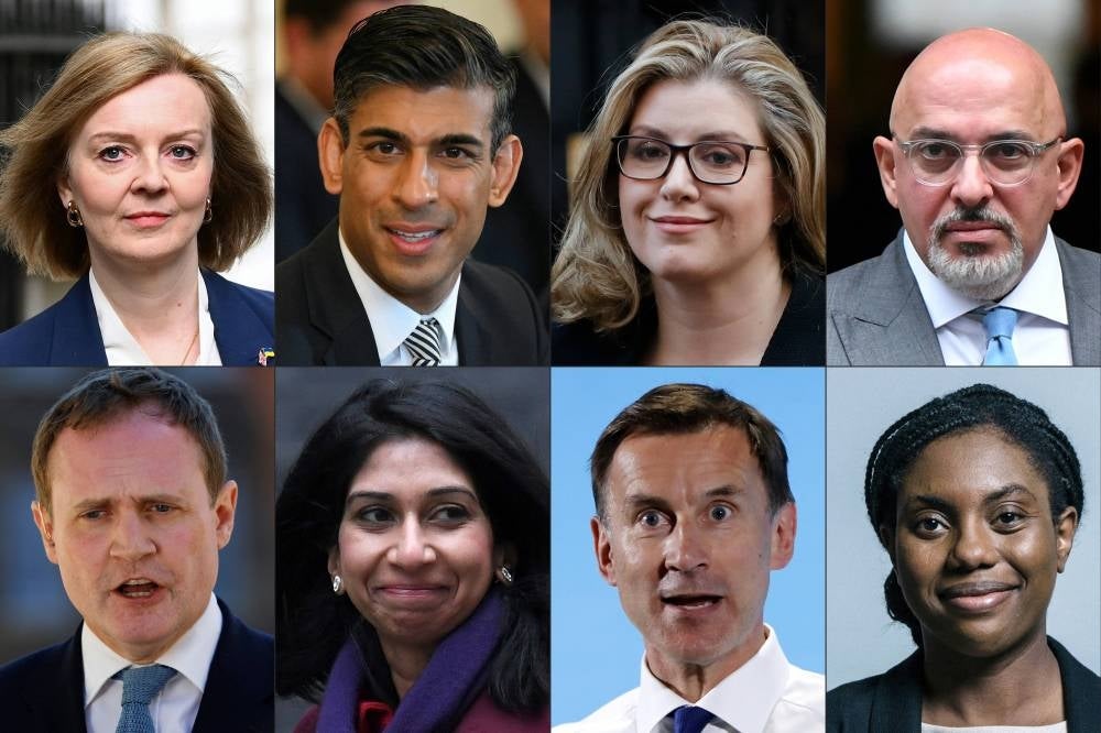 This combination of pictures created on July 12, 2022 shows, top row from left, Britain's Foreign Secretary Liz Truss; Britain's Chancellor of the Exchequer Rishi Sunak; Britain's International Development Secretary and Minister for Women and Equalities Penny Mordaunt, Britain's Education Secretary Nadhim Zahawi; and bottom row from left, Conservative politician Tom Tugendhat; Britain's Attorney General Suella Braverman; Conservative MP and leadership contender Jeremy Hunt; followed by Conservative MP for Saffron Walden, Kemi Badenoch. (Photo by AFP) 