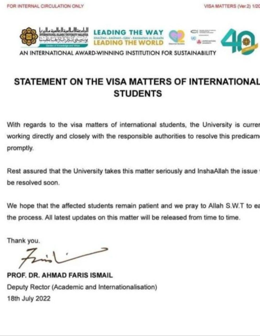 IIUM has told foreign students they are "working directly and closely" with the authorities to resolve the issue. 