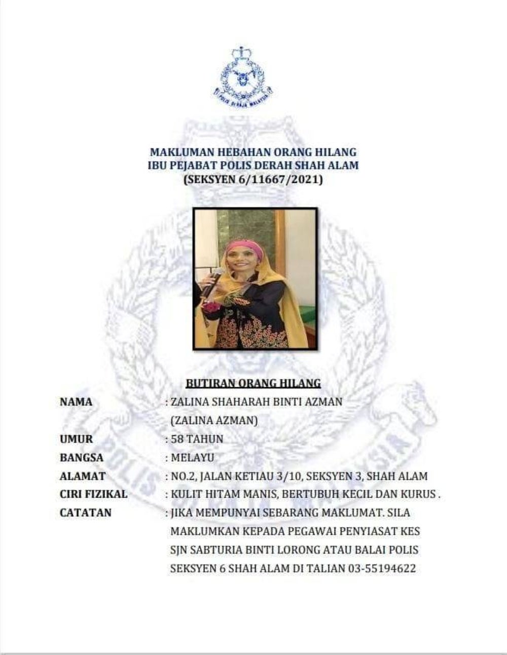Shah Alam police headquarters are seeking public help to find her. Posting from IPD Shah Alam