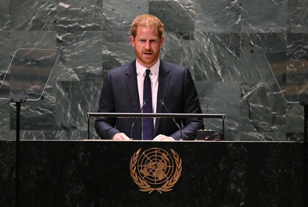 Prince Harry, Duke of Sussex, delivers the keynote address during the 2020 UN Nelson Mandela Prize award ceremony at the United Nations in New York on July 18, 2022. (Photo by TIMOTHY A. CLARY / AFP)