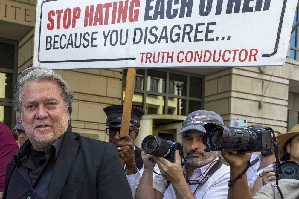 Former White House senior strategist Stephen Bannon leaves the Federal District Court House after being found guilty of being in contempt of Congress on July 22, 2022 in Washington, DC. - (Photo by TASOS KATOPODIS / AFP)