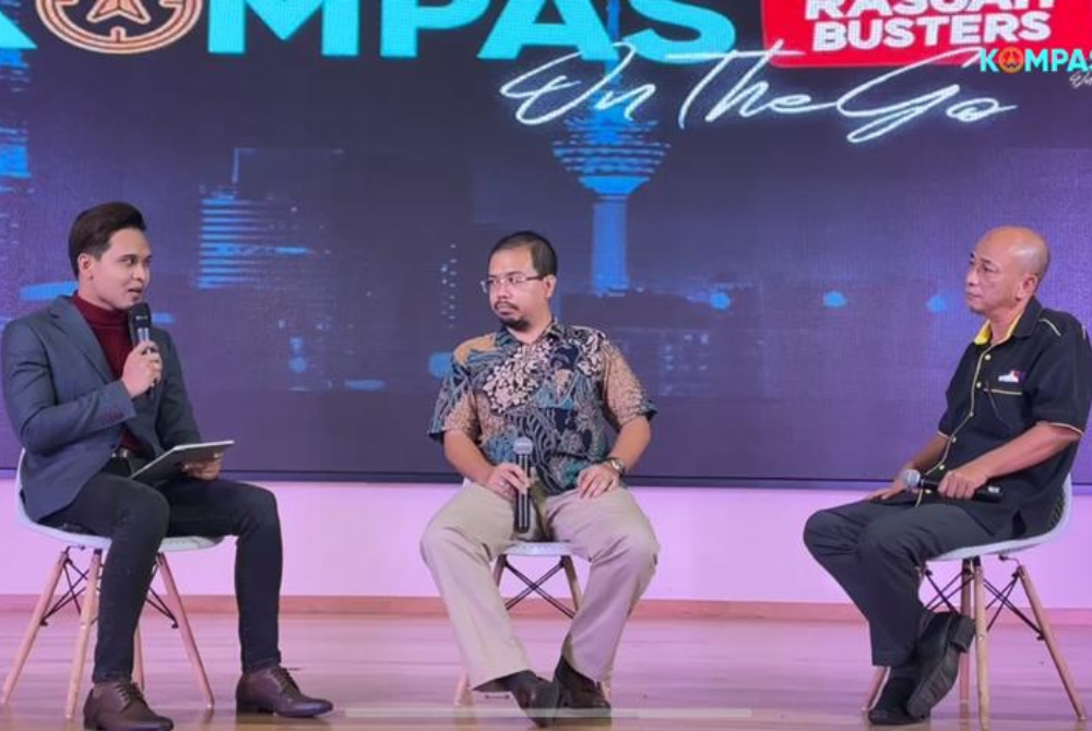 Lawyer Nik Saiful Adi Burhan (middle) and Kelantan Malaysian Anti-Corruption Foundation chief Muhammad Nizam Ismail (right) during the Kompas On The Go live programme by Rasuah Busters.