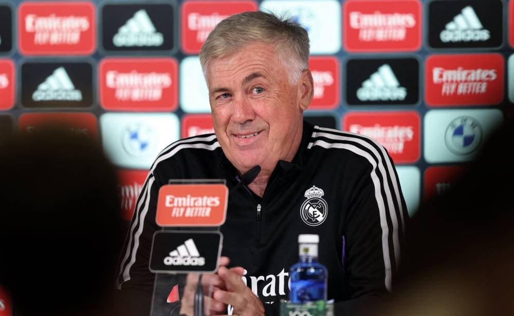 Real Madrid's Italian coach Carlo Ancelotti holds a press conference at the Alfredo di Stefano Stadium in Valdebebas, on the outskirts of Madrid, on Aug 13, 2022. (Photo by Thomas COEX / AFP)