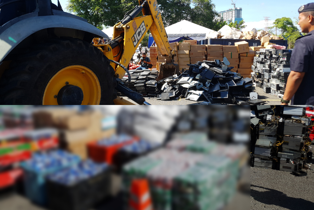 All case items including untaxed cigarettes and liquor, gambling machines and bitcoin machines are disposed of using the e-waste method. - Photo: Kajang police 