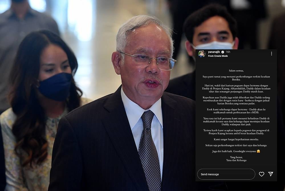 Nooryana Najwa shares an Instagram posting on her father, Datuk Seri Najib Razak's routine in Kajang Prison 