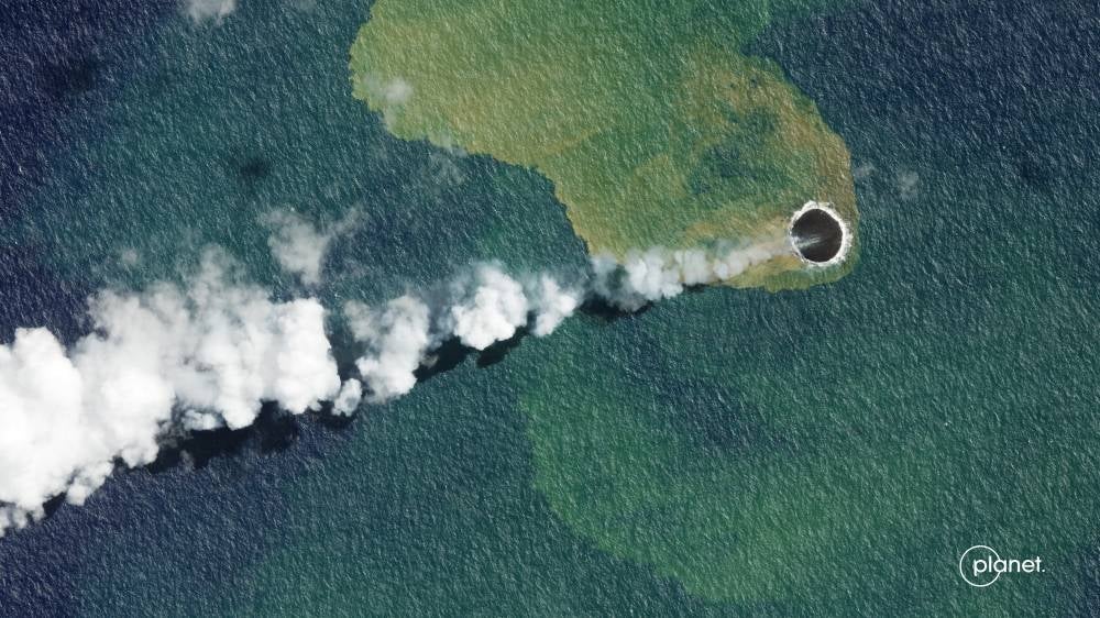 This handout satellite imagery released on Sept 16, 2022 by Planet Labs PBC and captured on Sept 14, 2022, shows the Home Reef Volcano in Tonga, where earlier this week, researchers noticed new seismic activity and venting. - (Photo: AFP / HO/ PLANET LABS PBC)