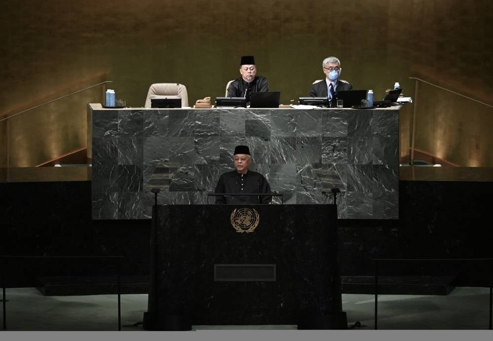 Ismail Sabri Yaakob giving his speech at the general debate of the 77th session of the United Nations General Assembly at the UN headquarters. - Bernama Photo