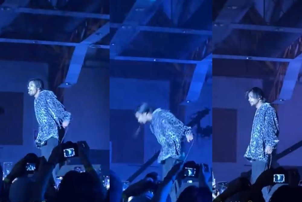 Screenshots of a clip showing Noh Salleh spitting at the crowd during the Hausboom Music 2022 Festival.
