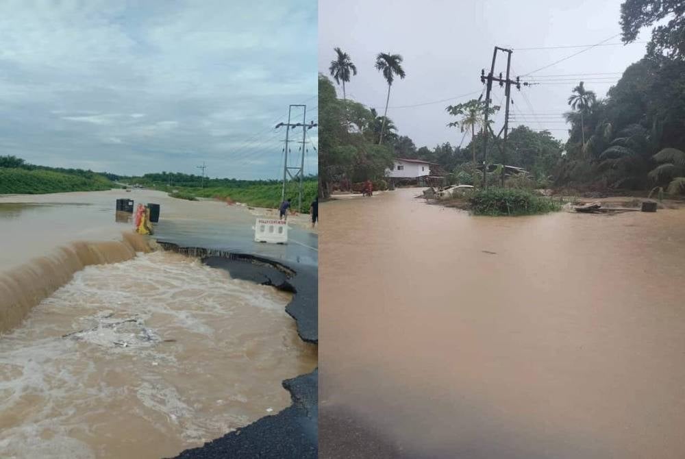 Road collapsed from Bintulu to Samalaju (left) and flooding at the coastal road from Miri to Bintulu - Photo source: Sarawak Aritok and Mohd Redzuan Abdul Manap on Twitter