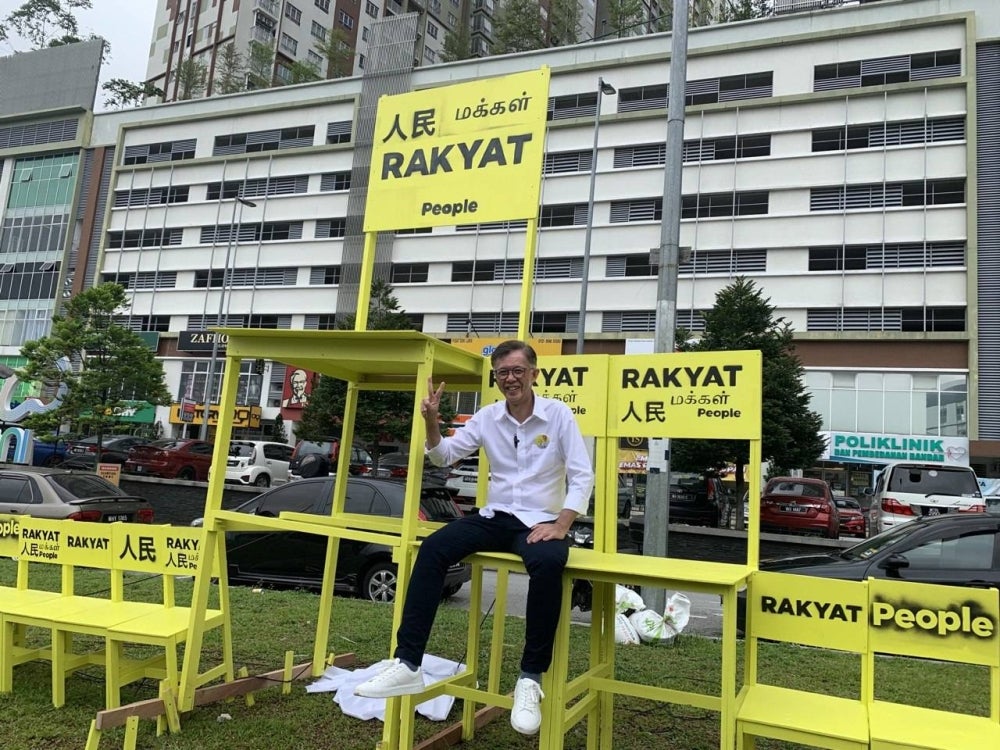 Tian Chua with the sculpture installed in front of Sky Awani Residences, Jalan Sentul Pasar, here.