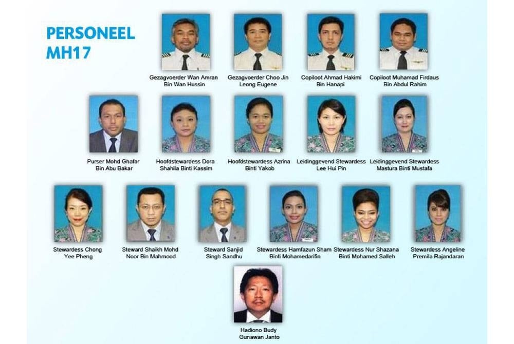 Fifteen MH17 crew who were killed in the tragedy including Mastura Mustafa (right, second row from the top).