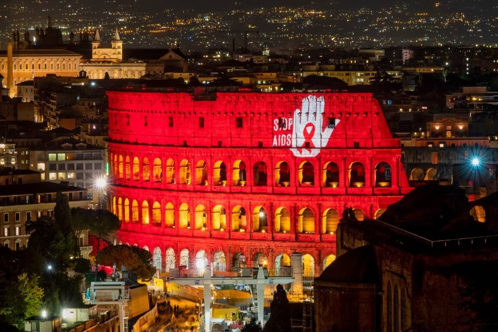The Colosseum is lit up with red lights for the World AIDS Day on Dec 1, 2019. (Photo source: 123rf) 
