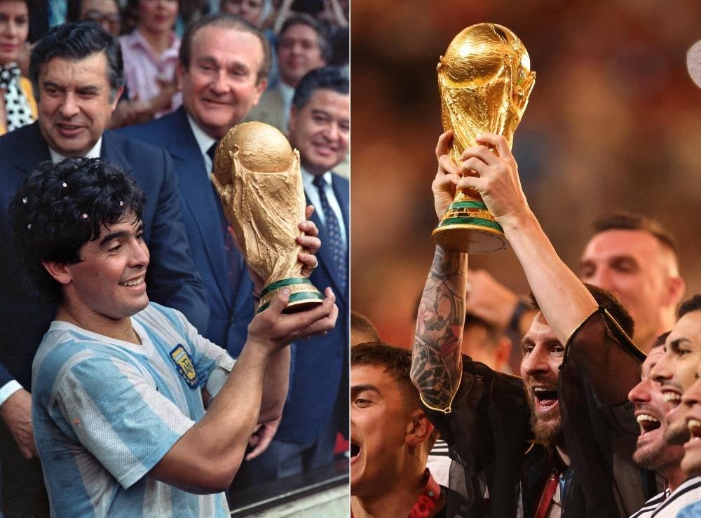 (COMBO) This combination of pictures created on December 18, 2022 shows Argentina's captain Diego Armando Maradona (L) holding the World Cup trophy won by his team after a 3-2 victory over West Germany on June 29, 1986 at the Azteca Stadium in Mexico City and Argentina's forward Lionel Messi (R) holding the World Cup trophy after beating France during the Qatar 2022 World Cup final football match at Lusail Stadium in Lusail, north of Doha on December 18, 2022. (Photo by DOMINIQUE FAGET and Adrian DENNIS / AFP)