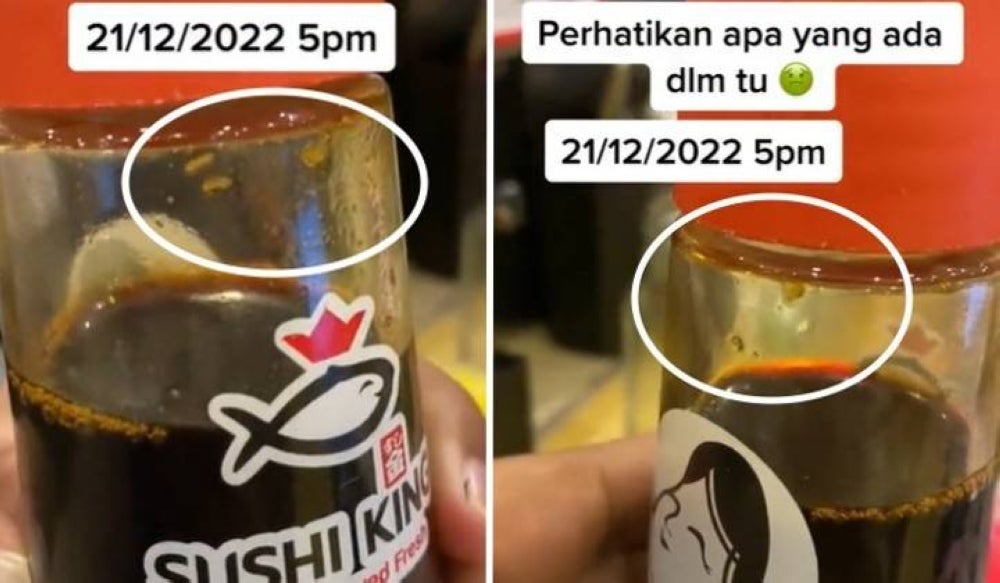 A woman discovered writhing live maggots in her soy sauce bottle while dining in Sushi King Aeon Mall Shah Alam - PIC credit @dyrasalleh Tik Tok 