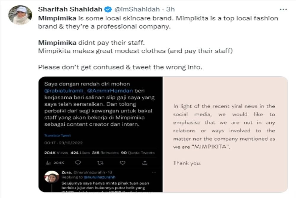 Sharifah Shahidah's tweet on Dec 24 - Twitter (@imShahidah)