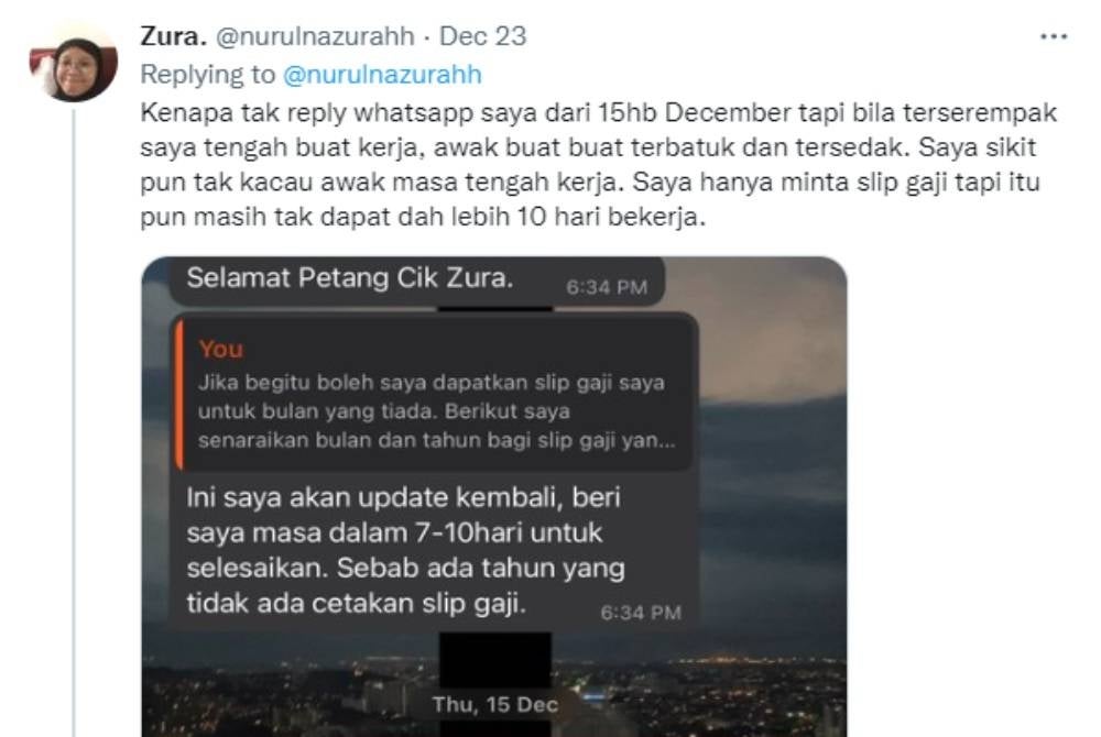 The plaintiff's thread revealing a text screenshot with her former employer at Mimpimika - Twitter (@nurulnazurahh)