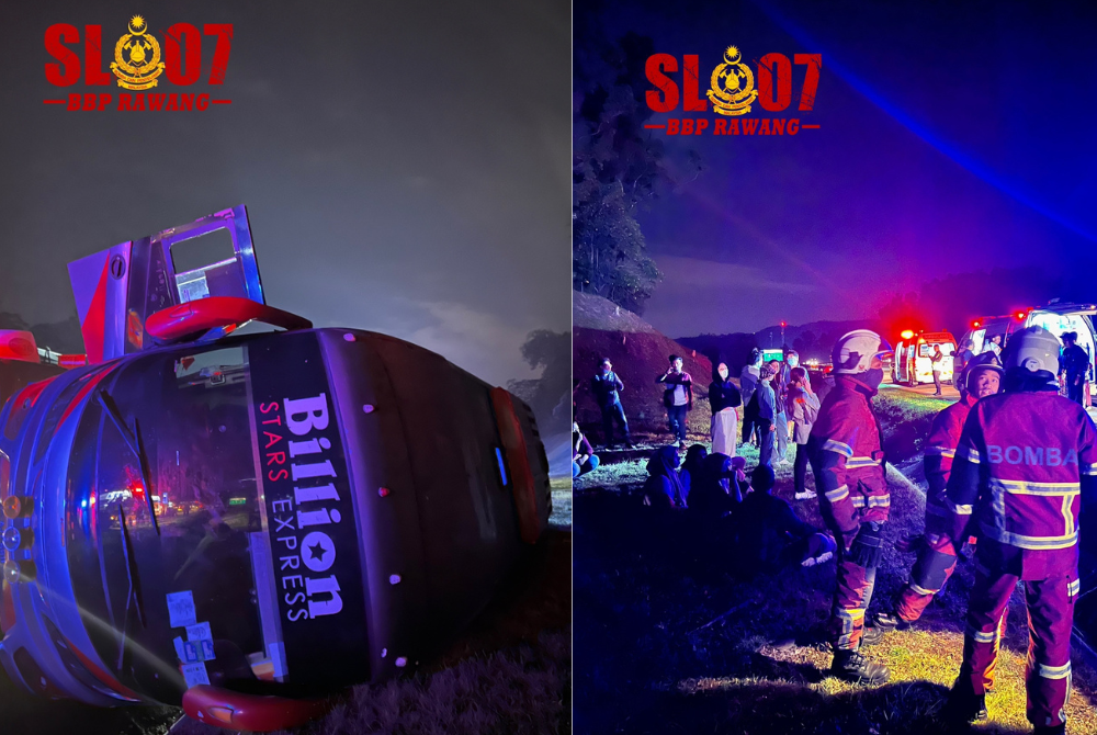 The bus, believed to be headed to Pulau Pinang, was transporting 30 passengers before the incident which occurred about 500 metres from the Rawang toll plaza. Photo courtesy of Rawang Fire and Rescue Department