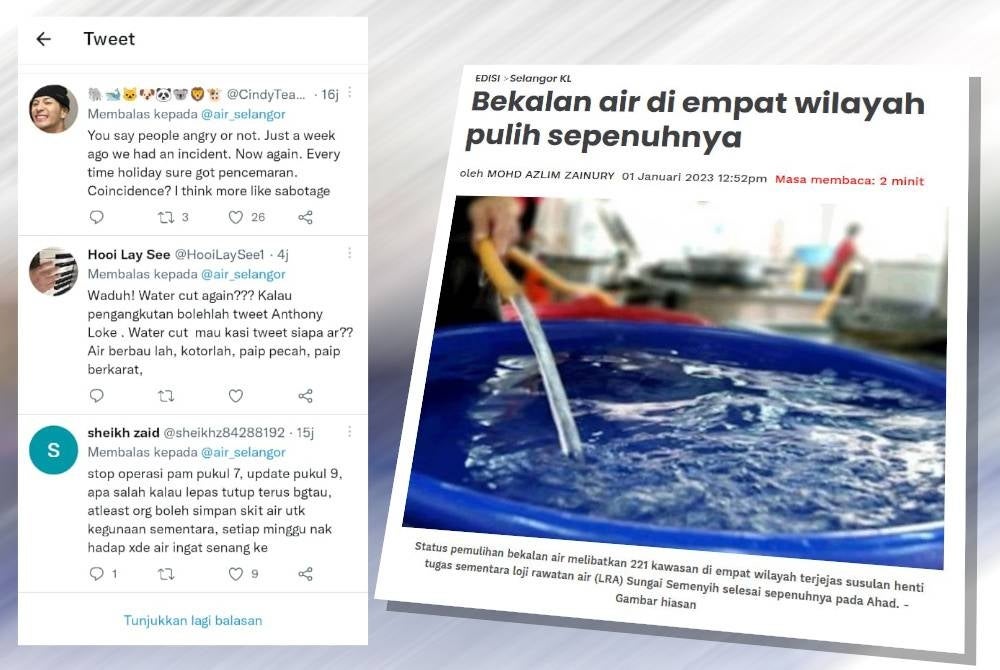 Sinar Harian's report and screenshot of Air Selangor's Twitter comment section 