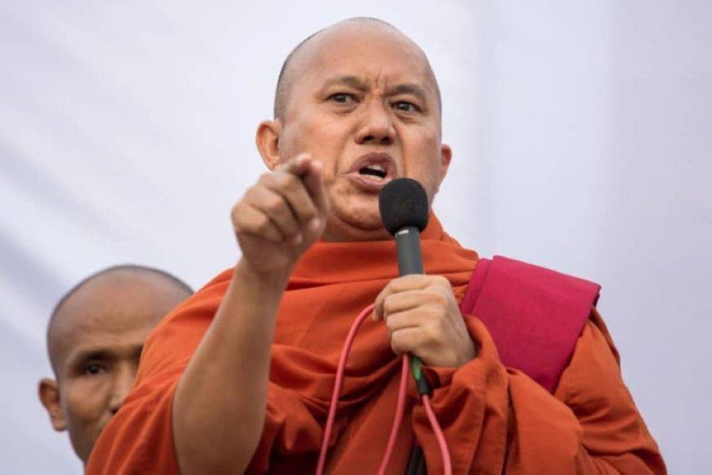 Buddhist monk Wirathu speaks during a rally to show support to the Myanmar military junta in Yangon, in 2019 - AFP pic 