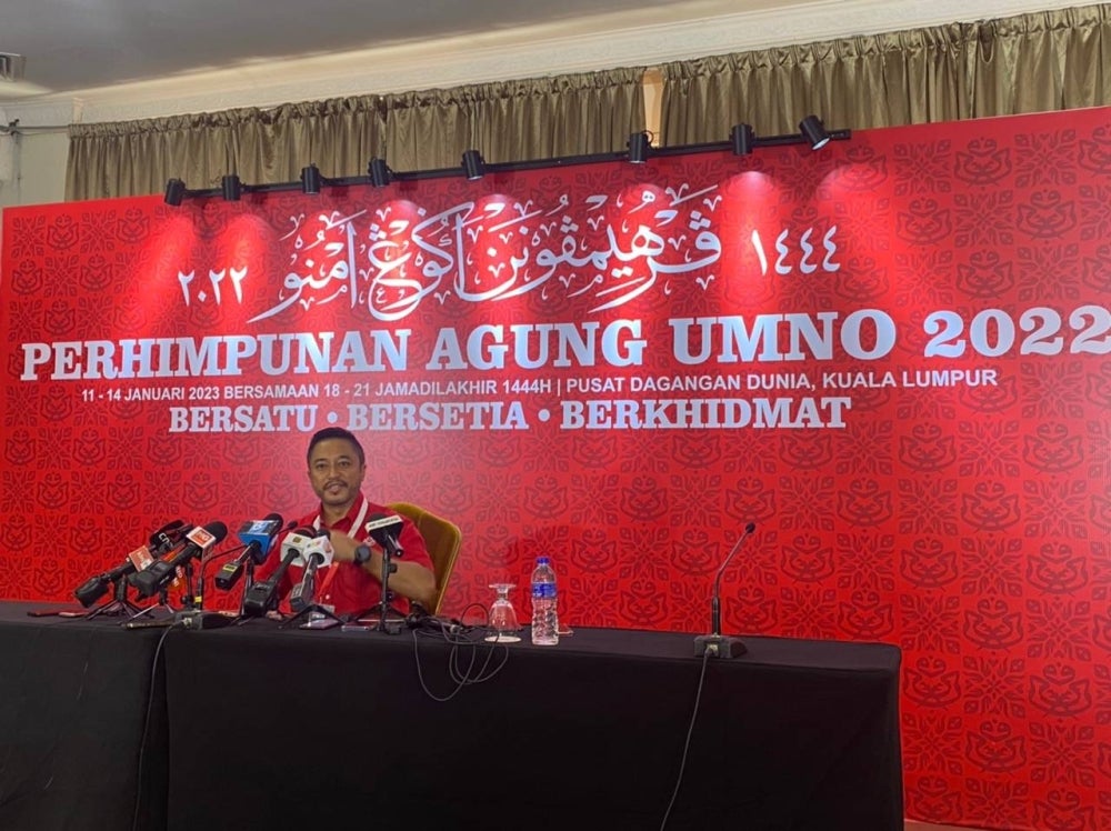 Umno information chief Isham Jalil during a press conference at the 2022 Umno General Assembly (PAU) at the World Trade Centre Kuala Lumpur (WTCKL).