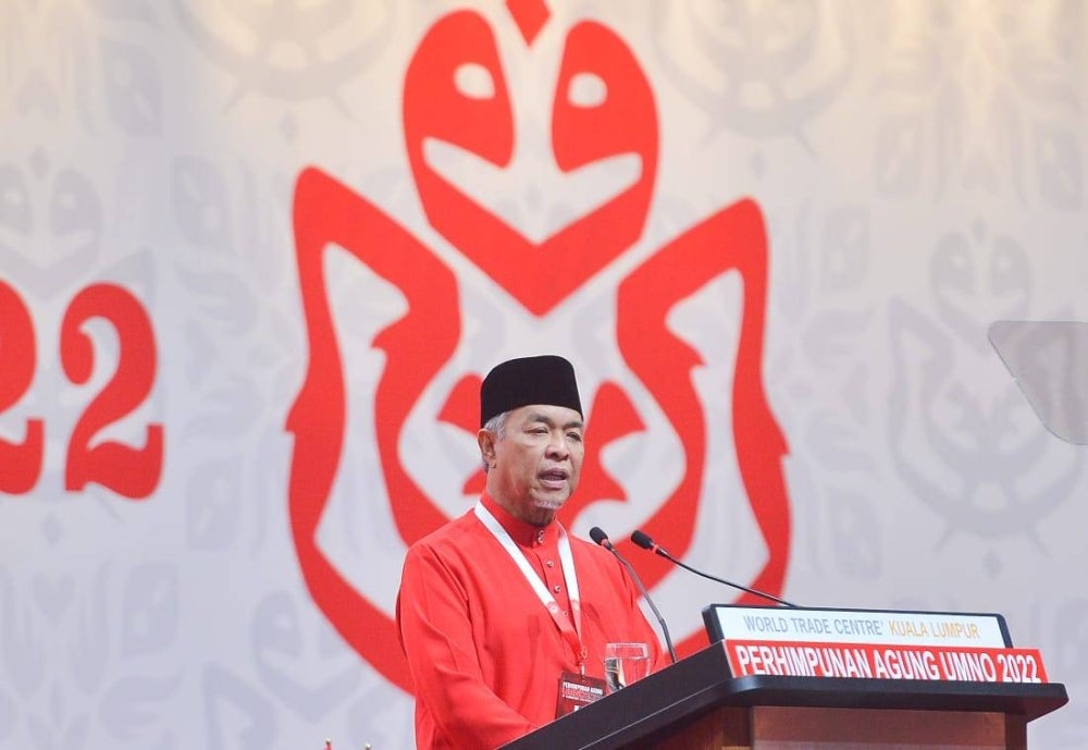 Umno president Datuk Seri Ahmad Zahid Hamidi delivering his policy speech at the 2022 Umno General Assembly, at the Kuala Lumpur World Trade Centre. - Photo by ROSLI TALIB