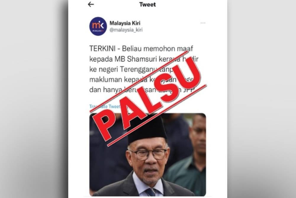 JPM said the viral tweet accompanied by a photo of Anwar was made by a parody account ‘Malaysia Kiri’ - Prime Minister Department (JPM) Facebook 