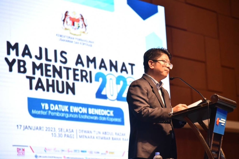 Entrepreneur and Cooperatives Development Minister Datuk Ewon Benedict delivers his keynote address and launched the ministry's Strategic Plan 2023 today.