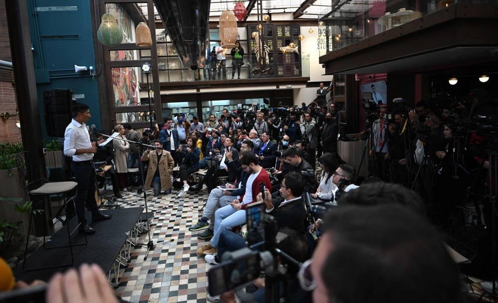 Colombian cyclist Nairo Quintana (L) speaks during a press conference in Bogota on Jan 25. Colombian great Nairo Quintana insisted on Wednesday he was not ready to give up after local media had speculated he would announce his retirement after failing to find a new team for this season. The 32-year-old left Arkea-Samsic last year after he was stripped of his sixth-placed finish in the 2022 Tour de France following a positive test for a banned pain relief medication. - AFP