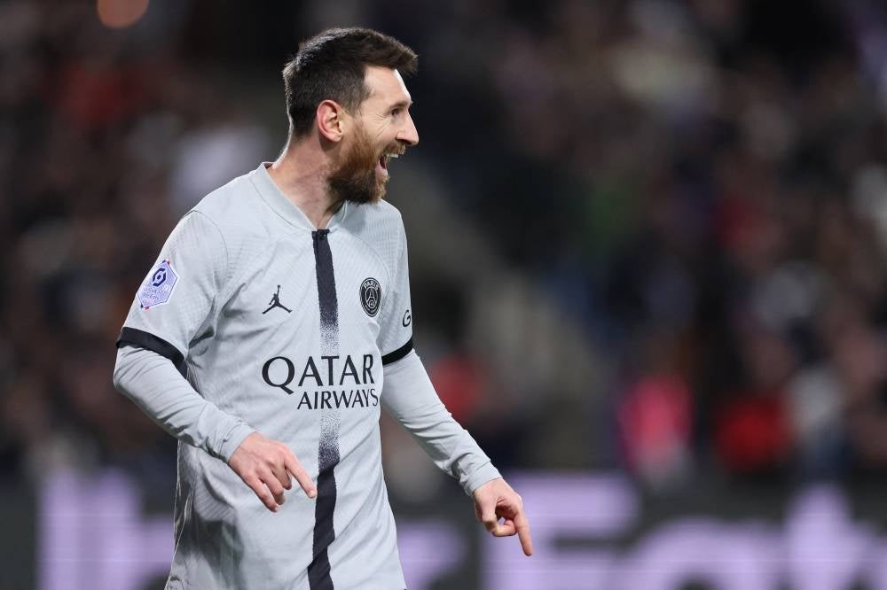 Paris Saint-Germain's Argentine forward Lionel Messi celebrates after scoring a goal during the French L1 football match between Montpellier Herault SC and Paris Saint-Germain (PSG) at Stade de la Mosson in Montpellier, southern France on February 1, 2023. Photo by Pascal Guyot/AFP FILE PIX